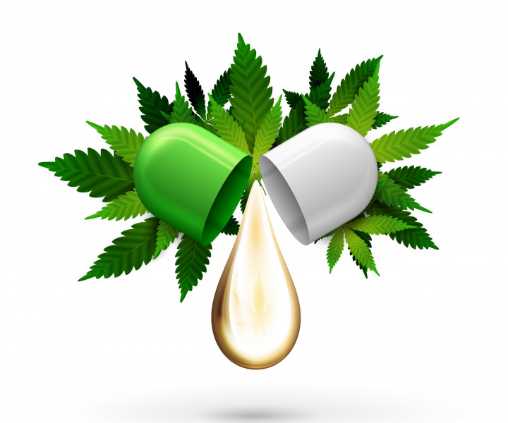 White and green pill capsule with drop of cbd oil and green leafs of cannabis isolated on white background. Vector 3D illustration